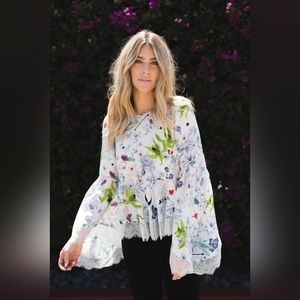 Cinq a Sept 5a7 Avalon Floral-Print Silk Top Blouse with Lace